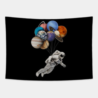 Astronaut Floating with Planets as Balloons Colourful Tapestry
