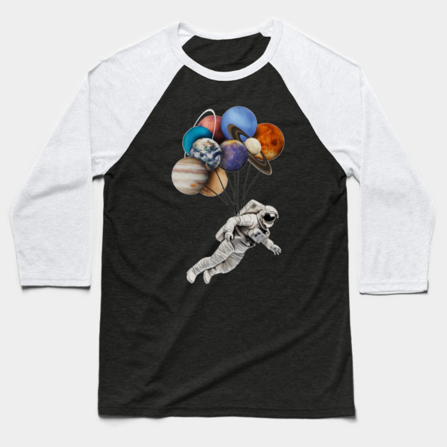 Astronaut Floating with Planets as Balloons Colourful Baseball T-Shirt by logiamerch