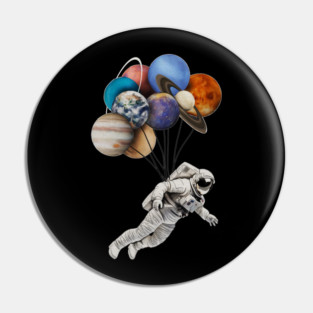 Astronaut Floating with Planets as Balloons Colourful Pin