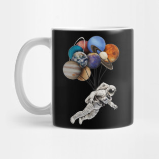Astronaut Floating with Planets as Balloons Colourful Mug