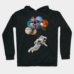 Astronaut Floating with Planets as Balloons Colourful Hoodie