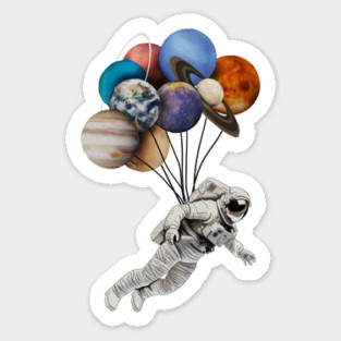 Astronaut Floating with Planets as Balloons Colourful Sticker