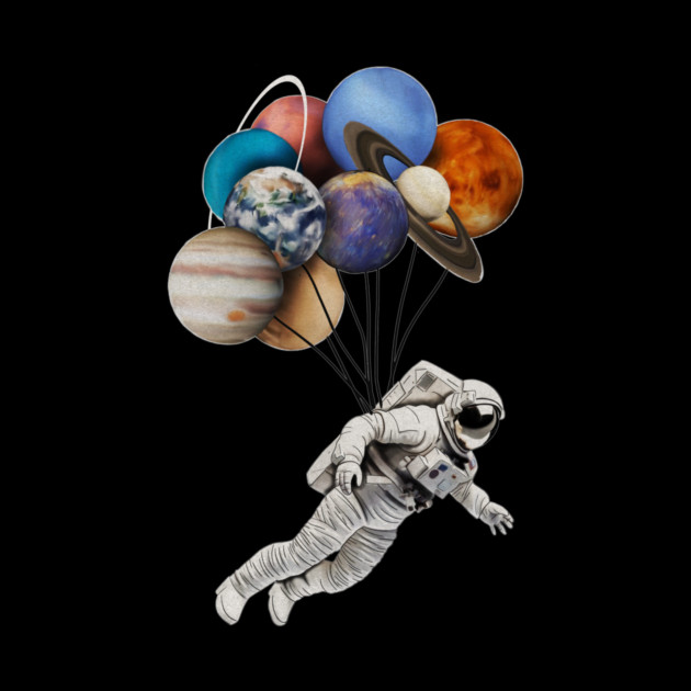 Astronaut Floating with Planets as Balloons Colourful by logiamerch