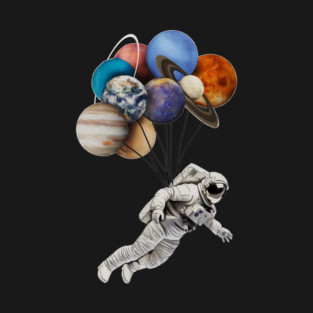 Astronaut Floating with Planets as Balloons Colourful T-Shirt