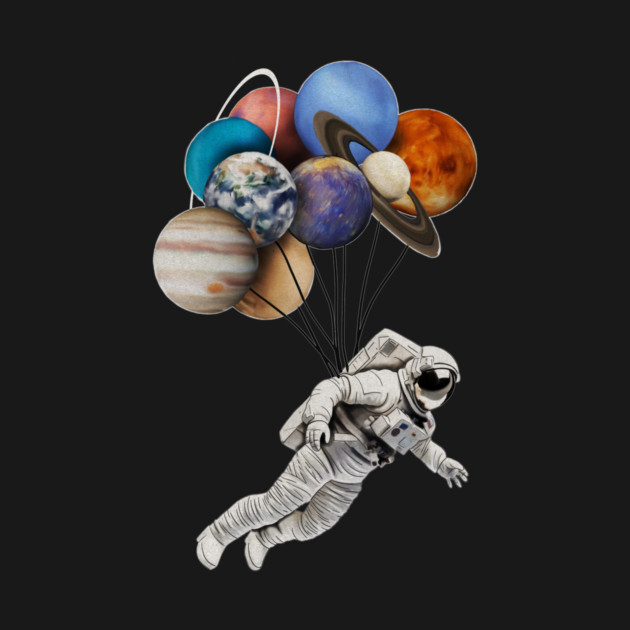 Astronaut Floating with Planets as Balloons Colourful by logiamerch