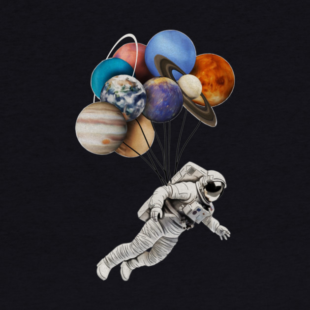 Astronaut Floating with Planets as Balloons Colourful by logiamerch