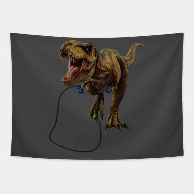 Funny T Rex Trying skipping rope, Sad Dinosaur Tapestry by logiamerch