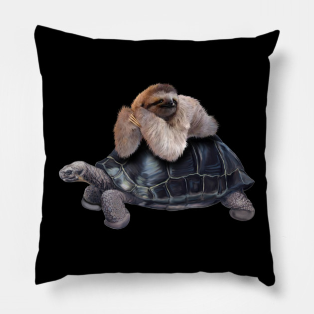 Sloth Lying on Turtle, Funny Lazy Animals Pillow by logiamerch
