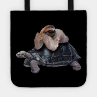 Sloth Lying on Turtle, Funny Lazy Animals Tote