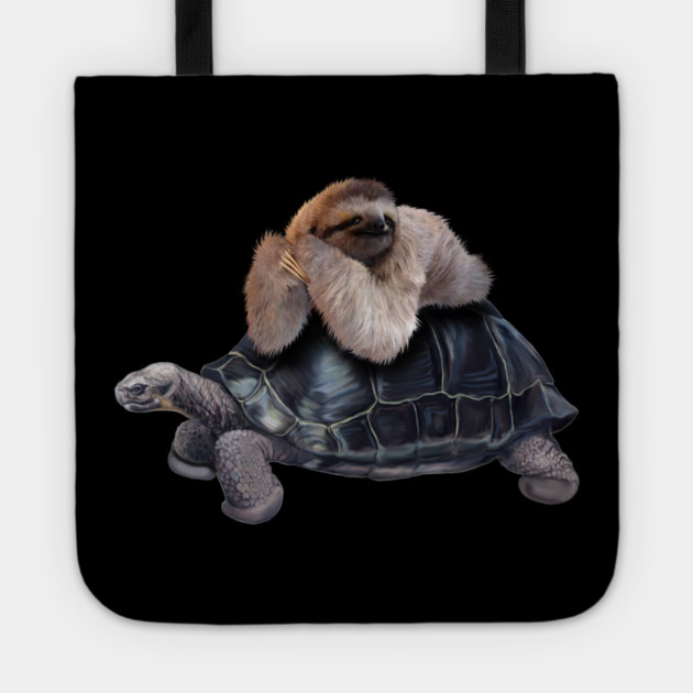 Sloth Lying on Turtle, Funny Lazy Animals Tote by logiamerch