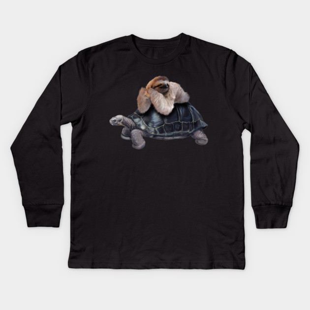 Sloth Lying on Turtle, Funny Lazy Animals Kids Long Sleeve T-Shirt by logiamerch