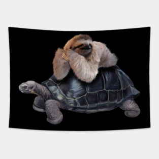 Sloth Lying on Turtle, Funny Lazy Animals Tapestry