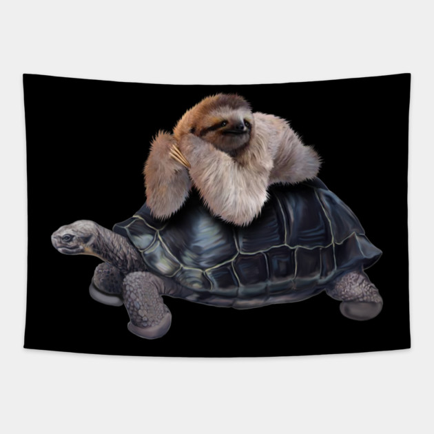 Sloth Lying on Turtle, Funny Lazy Animals Tapestry by logiamerch