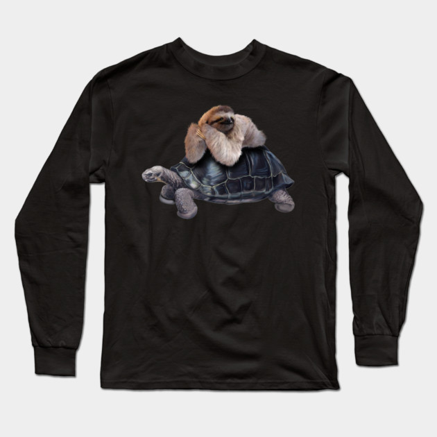 Sloth Lying on Turtle, Funny Lazy Animals Long Sleeve T-Shirt by logiamerch