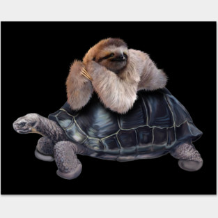 Sloth Lying on Turtle, Funny Lazy Animals Posters and Art