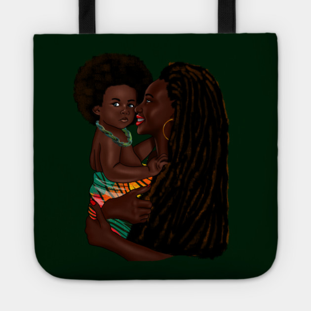 Loving Afro Mom and Baby, African Woman with Child Tote by logiamerch