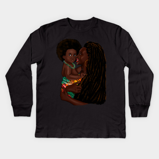 Loving Afro Mom and Baby, African Woman with Child Kids Long Sleeve T-Shirt by logiamerch