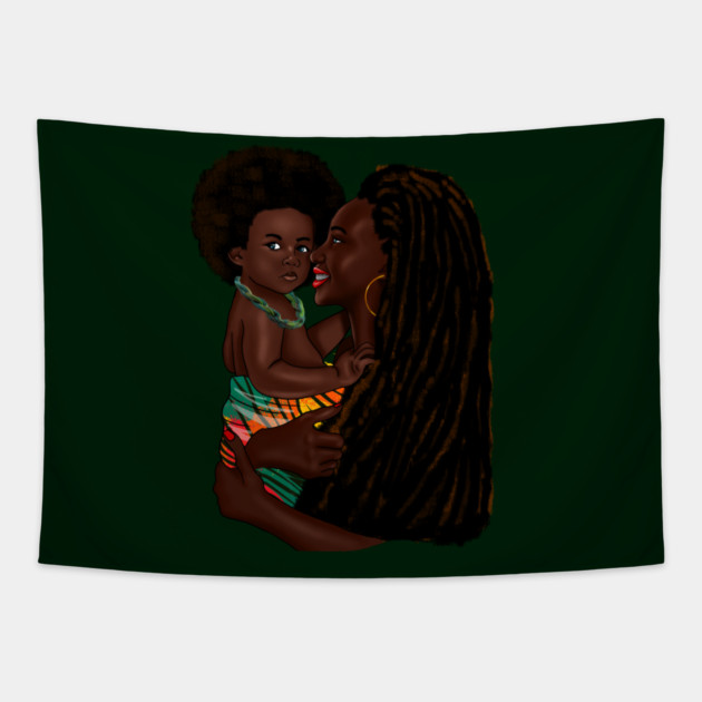 Loving Afro Mom and Baby, African Woman with Child Tapestry by logiamerch