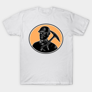 Coal Miner Carry Pick Axe Woodcut T-Shirt