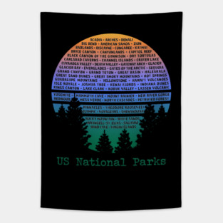 National Parks List Word Cloud Sunset Trees Men Women Kids Tapestry