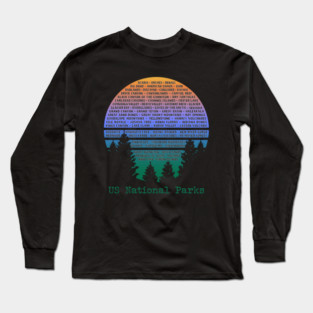 National Parks List Word Cloud Sunset Trees Men Women Kids Long Sleeve T-Shirt