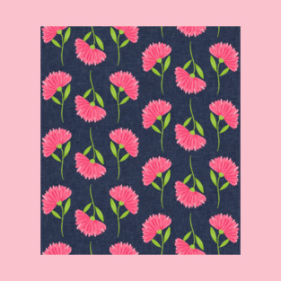 Pink Watercolor Calendula Flowers With Denim Navy Chambray Background T-Shirt