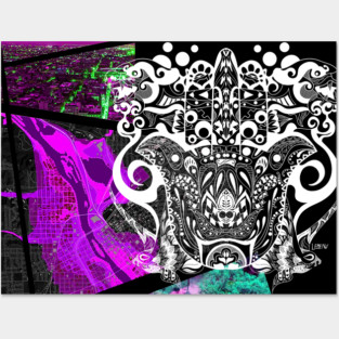 dark city in ecopop sutra mandala art with mexican patterns and dogs Posters and Art