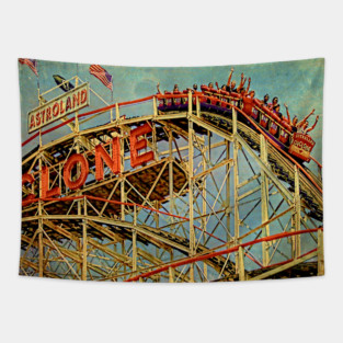 Riding The Famous Cyclone Roller Coaster Tapestry