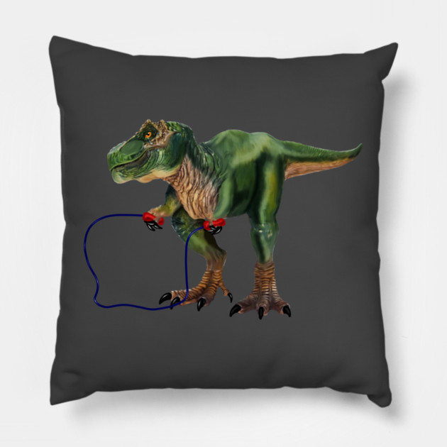 Funny T Rex Trying skipping rope, Sad Dinosaur Pillow by logiamerch