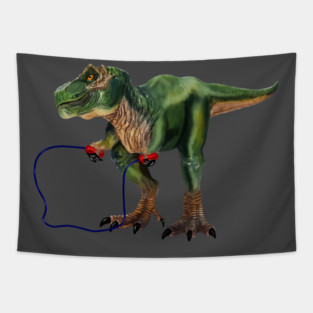 Funny T Rex Trying skipping rope, Sad Dinosaur Tapestry