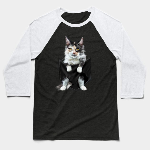Funny Cute Cat Inside Pocket, Cat Lover Baseball T-Shirt by logiamerch
