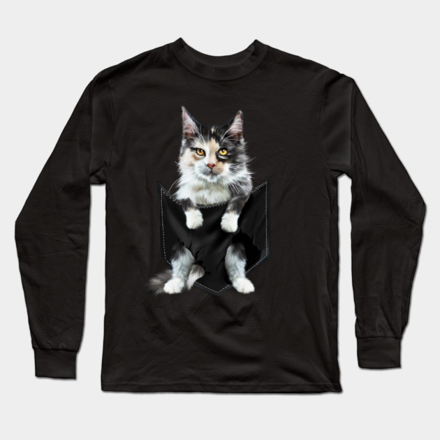 Funny Cute Cat Inside Pocket, Cat Lover Long Sleeve T-Shirt by logiamerch
