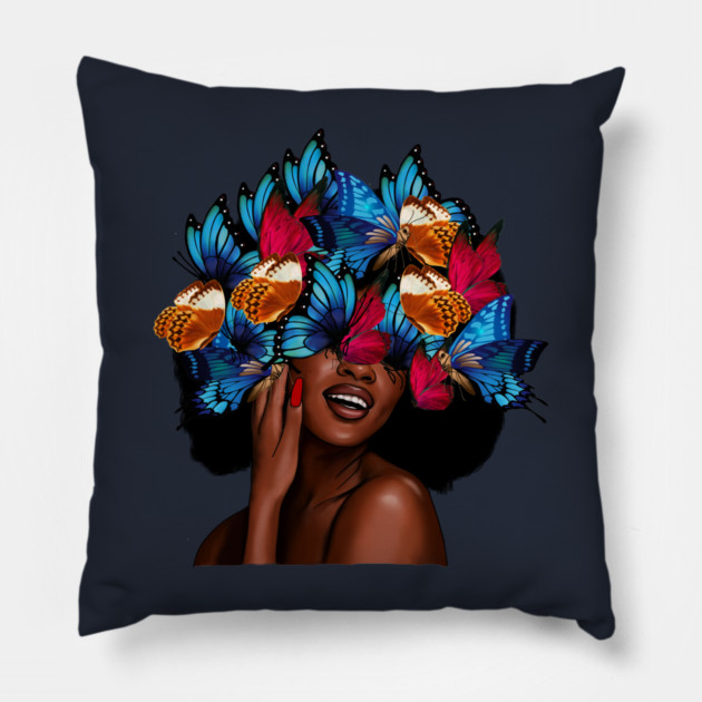 Beautiful Afro Woman with Butterflies in her Hair, African Pillow by logiamerch