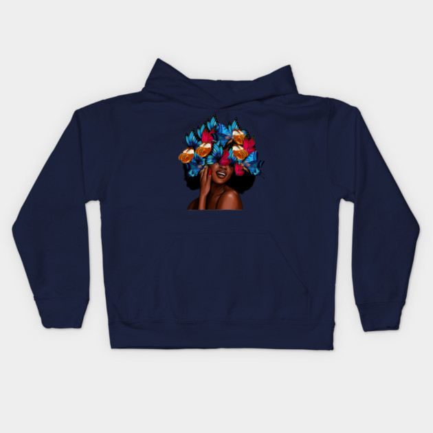 Beautiful Afro Woman with Butterflies in her Hair, African Kids Hoodie by logiamerch