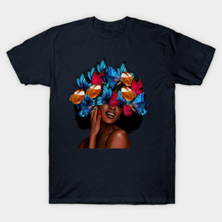 Beautiful Afro Woman with Butterflies in her Hair, African T-Shirt
