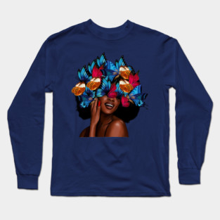 Beautiful Afro Woman with Butterflies in her Hair, African Long Sleeve T-Shirt