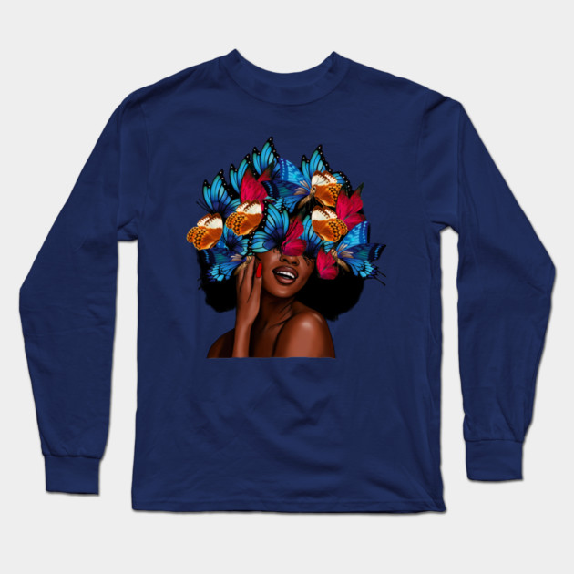 Beautiful Afro Woman with Butterflies in her Hair, African Long Sleeve T-Shirt by logiamerch