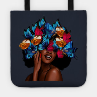 Beautiful Afro Woman with Butterflies in her Hair, African Tote