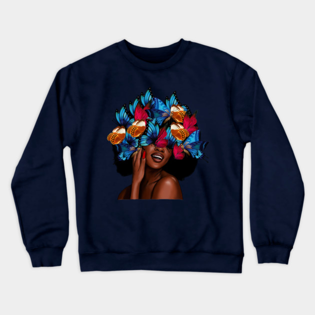Beautiful Afro Woman with Butterflies in her Hair, African Crewneck Sweatshirt by logiamerch