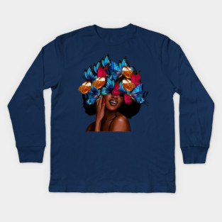 Beautiful Afro Woman with Butterflies in her Hair, African Kids Long Sleeve T-Shirt