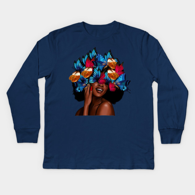 Beautiful Afro Woman with Butterflies in her Hair, African Kids Long Sleeve T-Shirt by logiamerch