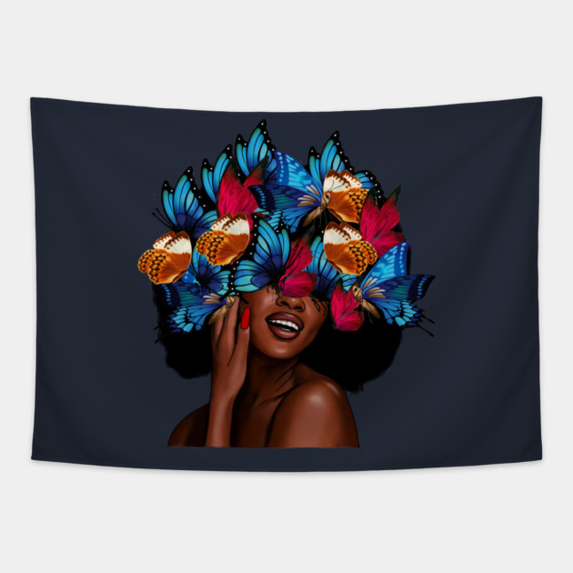 Beautiful Afro Woman with Butterflies in her Hair, African Tapestry by logiamerch