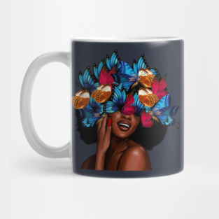 Beautiful Afro Woman with Butterflies in her Hair, African Mug