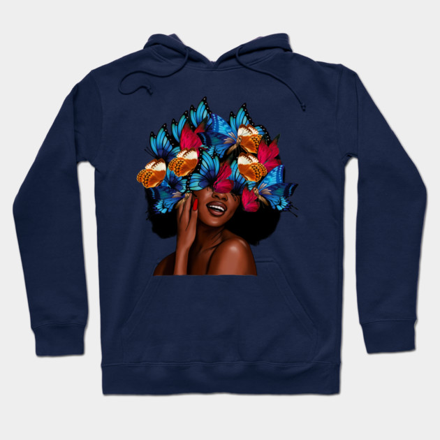 Beautiful Afro Woman with Butterflies in her Hair, African Hoodie by logiamerch