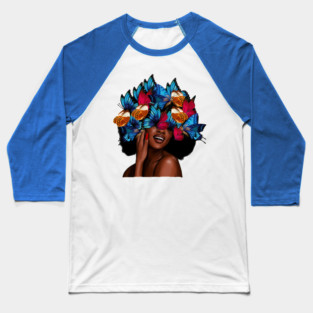 Beautiful Afro Woman with Butterflies in her Hair, African Baseball T-Shirt