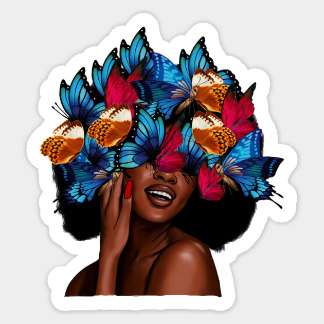 Beautiful Afro Woman with Butterflies in her Hair, African Sticker by logiamerch