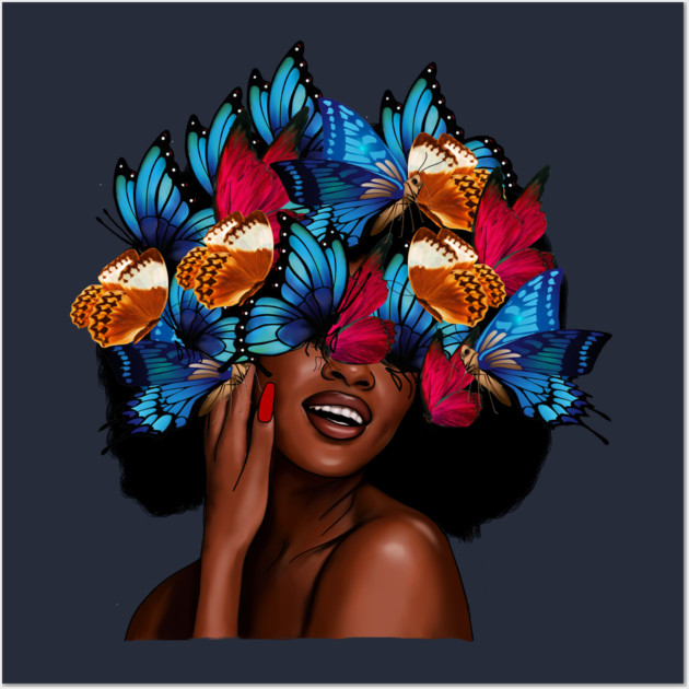 Beautiful Afro Woman with Butterflies in her Hair, African Wall Art by logiamerch