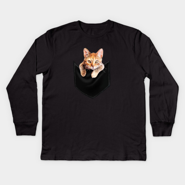 Funny Cute Ginger Cat Inside Pocket, Cat Lover Kids Long Sleeve T-Shirt by logiamerch