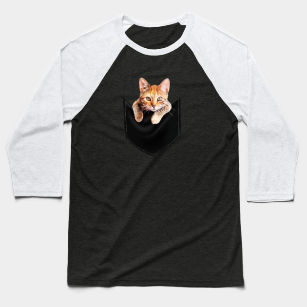 Funny Cute Ginger Cat Inside Pocket, Cat Lover Baseball T-Shirt by logiamerch