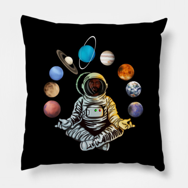 Astronaut, African Man, Meditating Surrounded by Planets Pillow by logiamerch